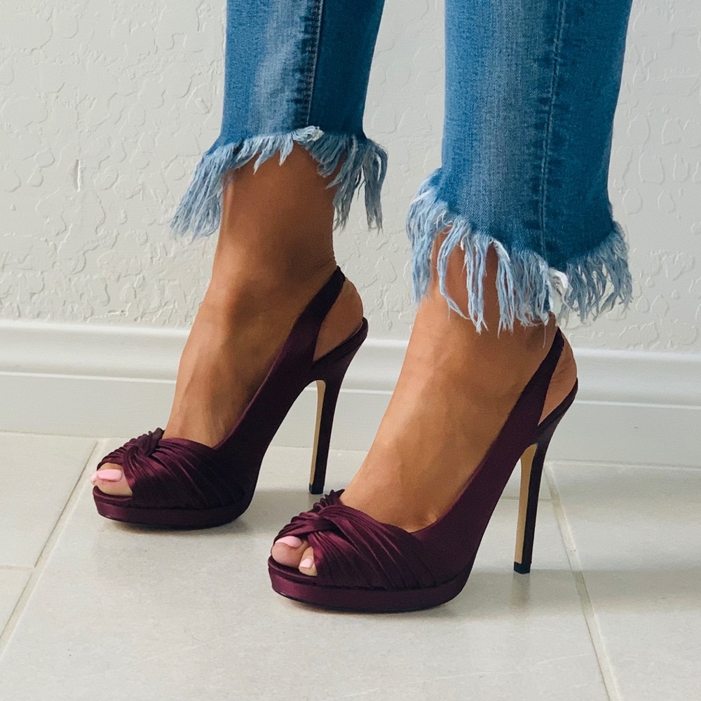 Red Wine Pleated Peep Toe High Heel Platform Pump - Picture 7 of 8